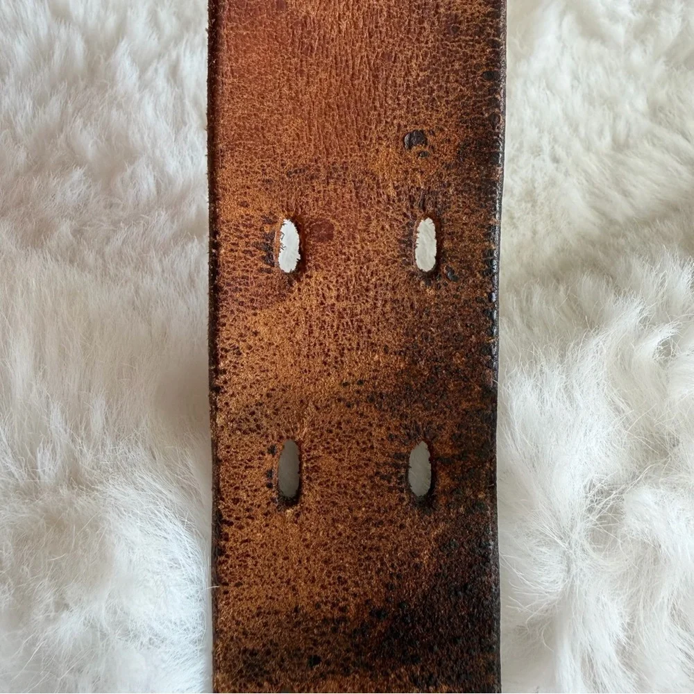 Vintage Distressed Leather Belt Solid Brass Double Prong Buckle Brown Size 34